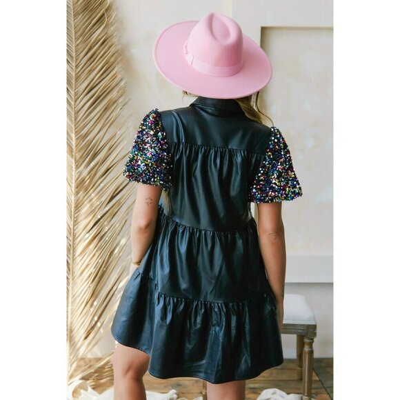 On My Best Behavior Sequin Puff Sleeve Vegan Leather Dress in Black - Picture 2 of 2